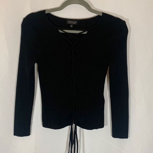 Topshop Black Ribbed Front Cage Tie-Up Long Sleeved Top - Picture 1 of 8